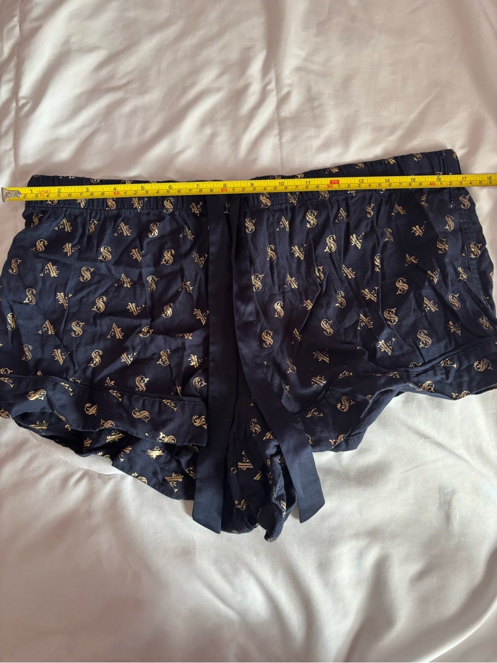 Victoria's Secret Large Navy Gold Monogram Cotton Pajama Sleep Shorts Tie Waist - Picture 7 of 13